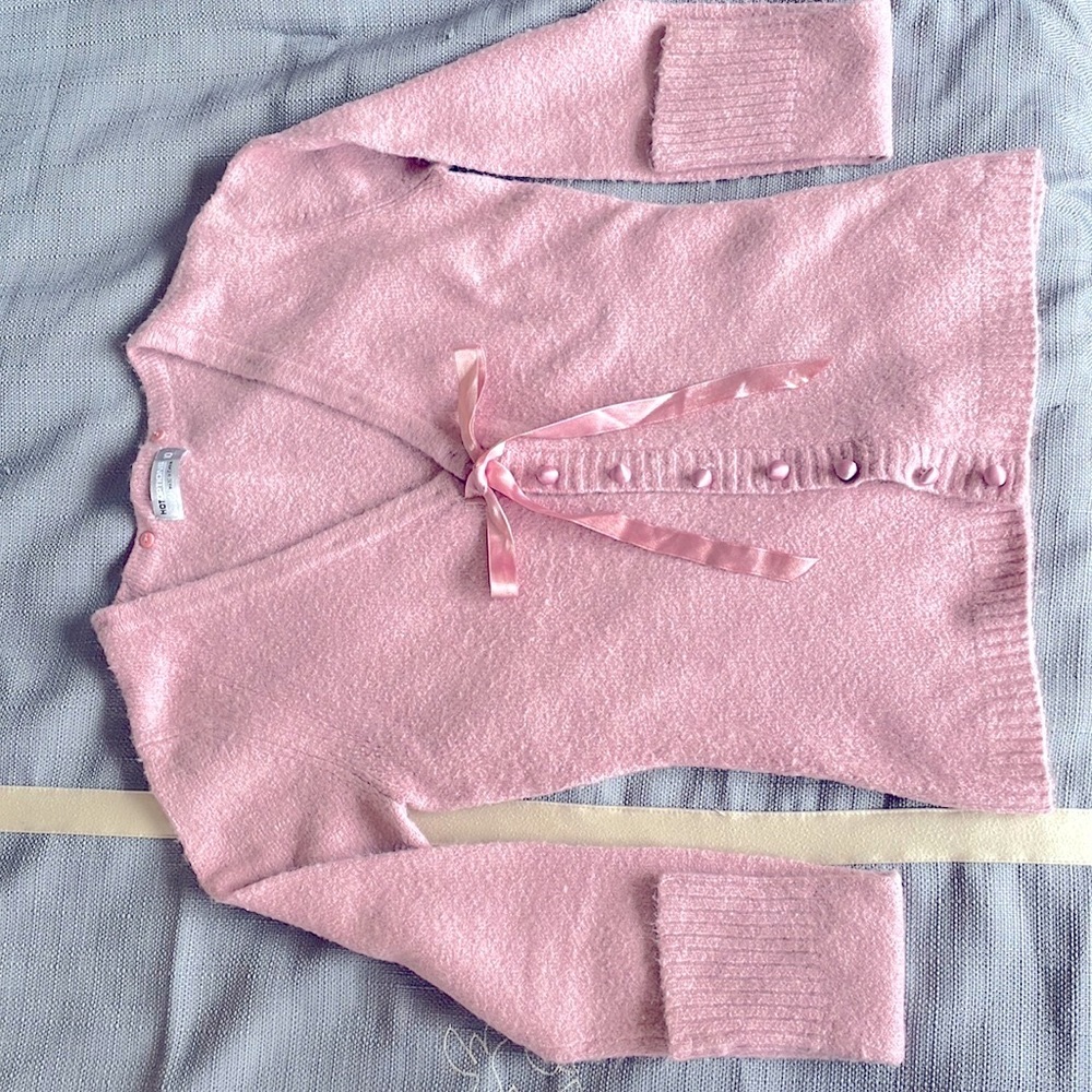 Lilac pink front open button up wool top with ribbons